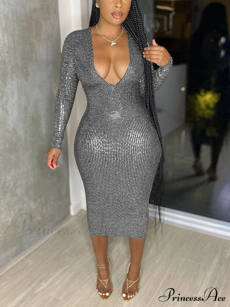 Deep V Neck Trendy Lace Up Midi Dress