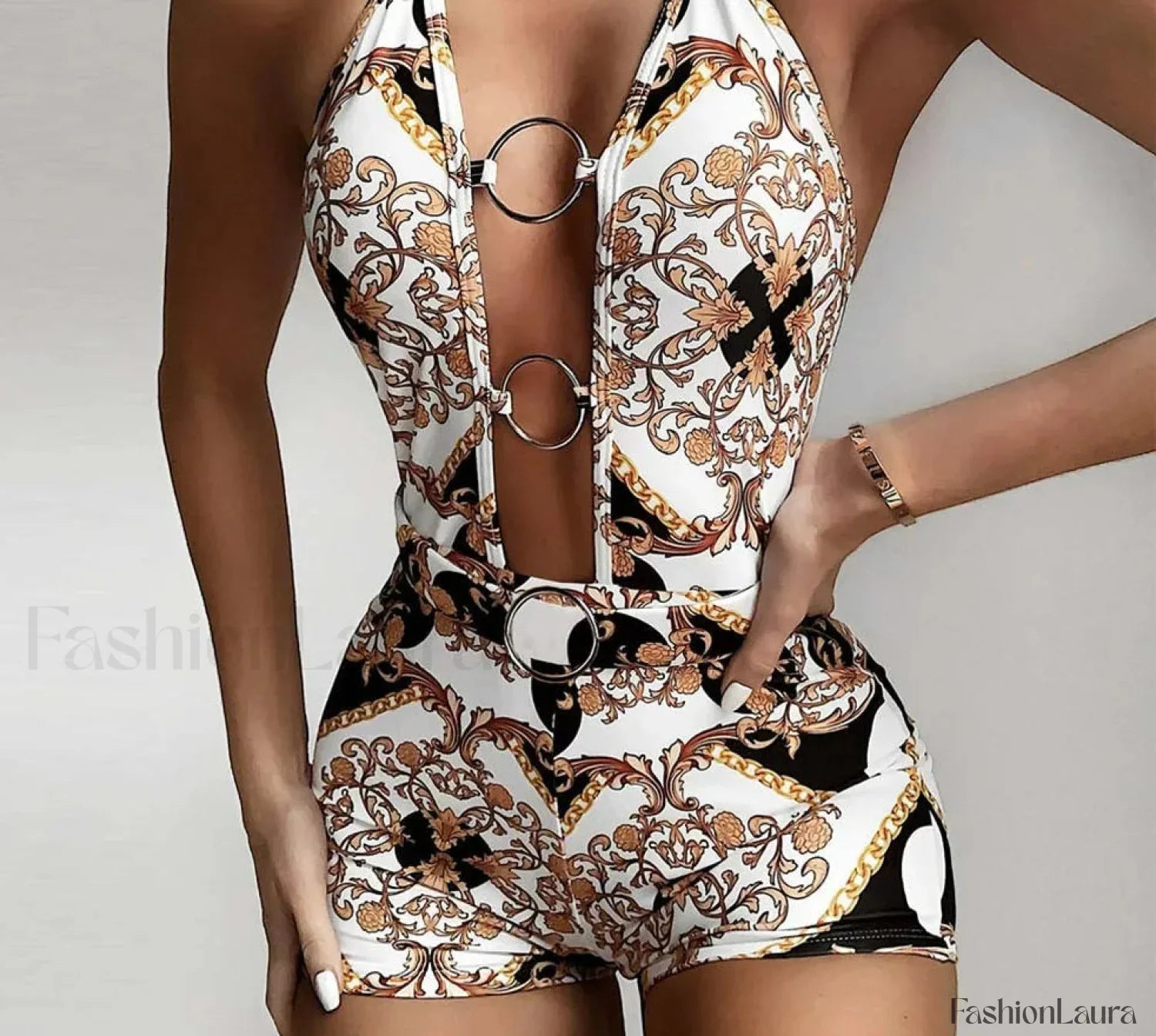 Deep V Ring Print Vintage One Piece