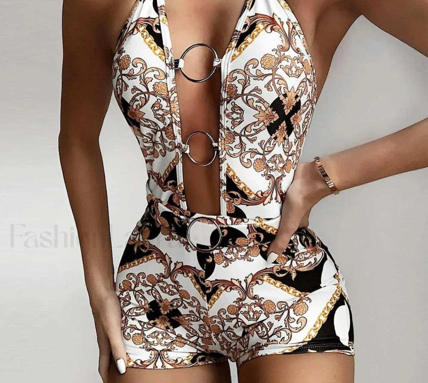 Deep V Ring Print Vintage One Piece