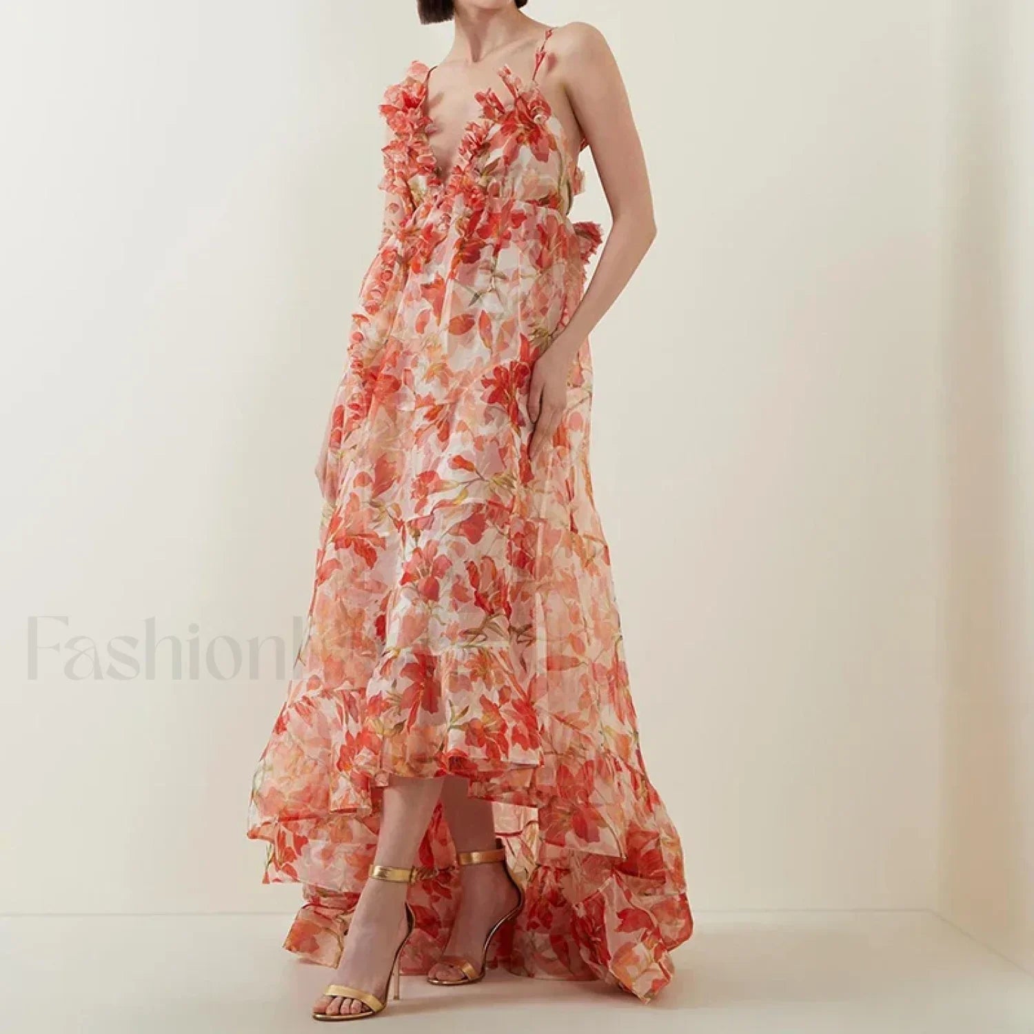 Deep V Ruffle Floral Dress