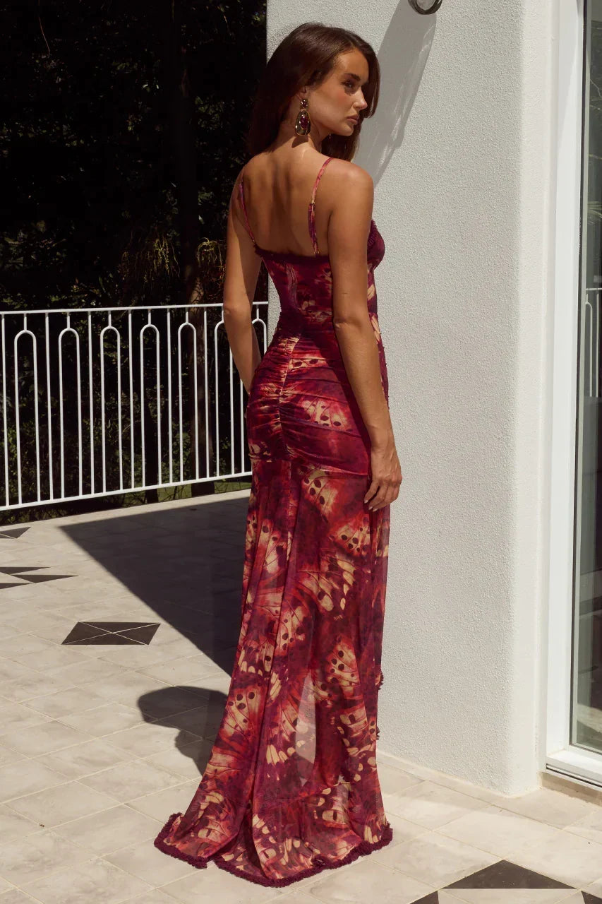 Abstract Print Mesh Cami Keyhole Ruched Front Lettuce Hem Maxi Dress 2