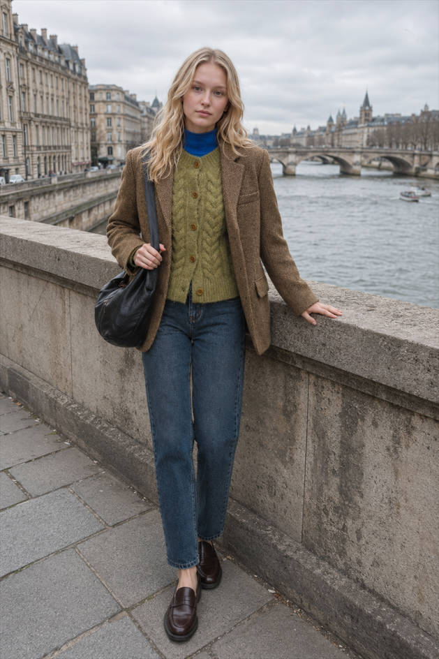 Notched Lapel Single Breasted Tweed Look Relaxed Blazer 4
