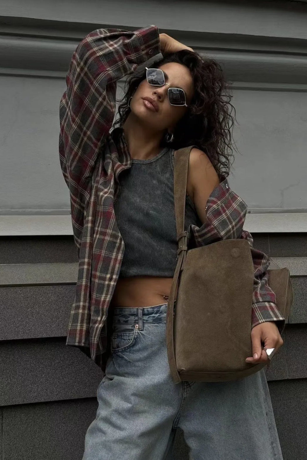 Plaid Collared Long Sleeve Button Front Oversized Shirt