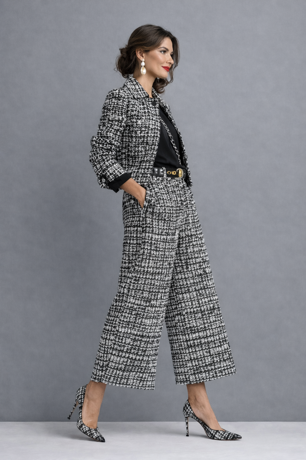 Tweed Collarless Jacket and Wide Leg Pants Two Piece Set