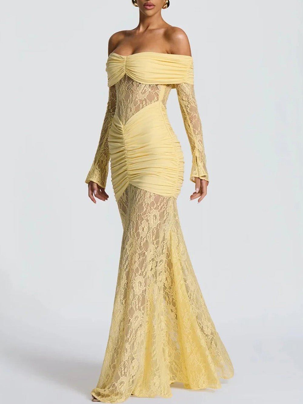 Off Shoulder Long Sleeve Ruched Sheer Lace Mermaid Maxi Dress 4