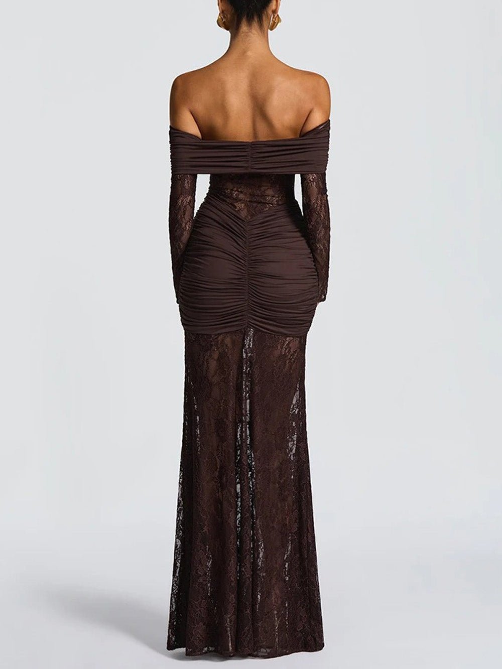 Off Shoulder Long Sleeve Ruched Sheer Lace Mermaid Maxi Dress 2