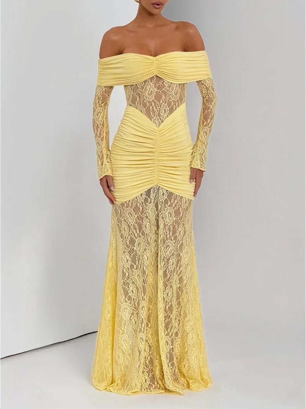 Off Shoulder Long Sleeve Ruched Sheer Lace Mermaid Maxi Dress