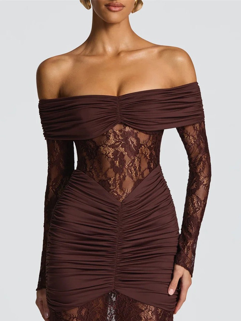 Off Shoulder Long Sleeve Ruched Sheer Lace Mermaid Maxi Dress 4