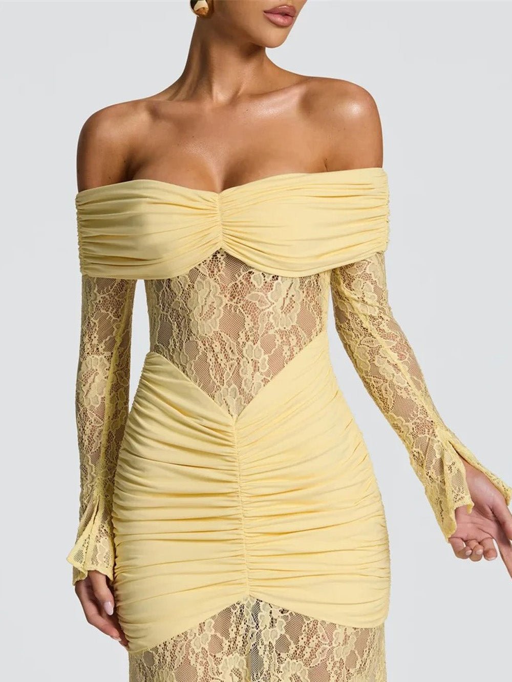 Off Shoulder Long Sleeve Ruched Sheer Lace Mermaid Maxi Dress 3