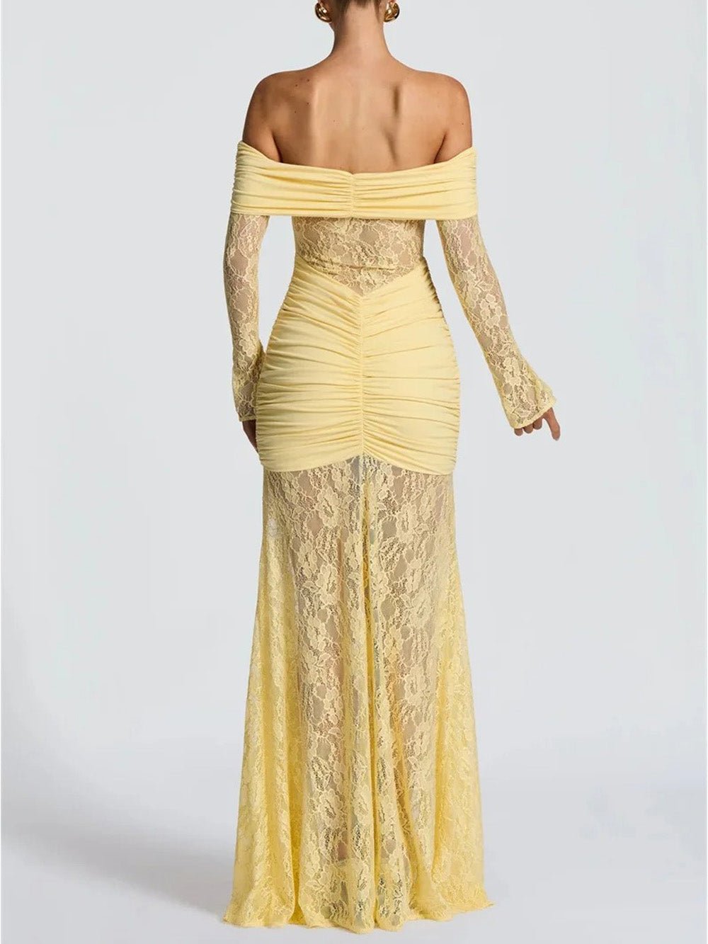 Off Shoulder Long Sleeve Ruched Sheer Lace Mermaid Maxi Dress 2