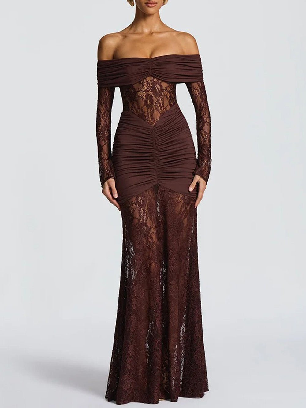 Off Shoulder Long Sleeve Ruched Sheer Lace Mermaid Maxi Dress
