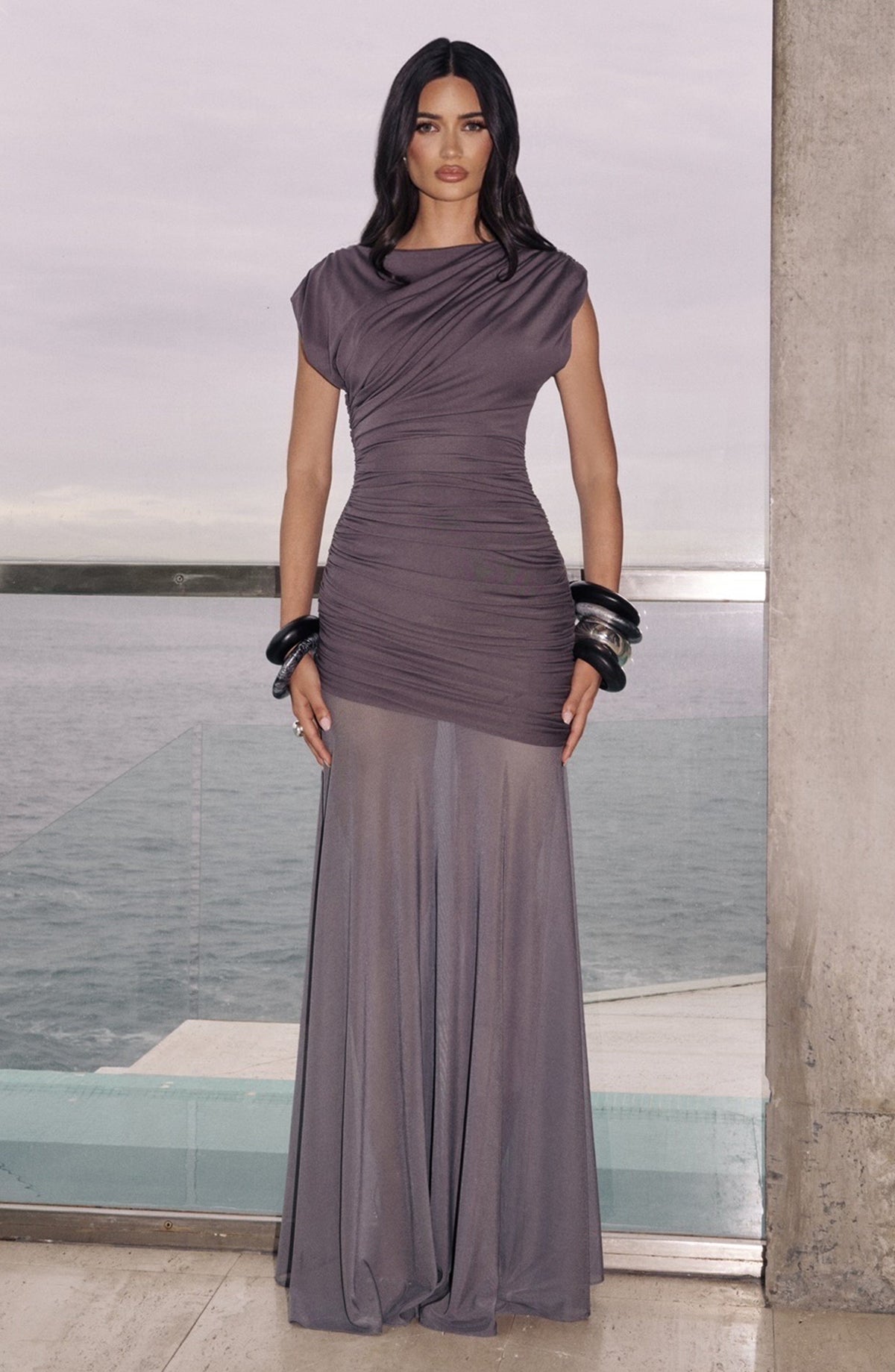 Mesh Ruched Boat Neck Cap Sleeve Sheer Hem Maxi Gown 6