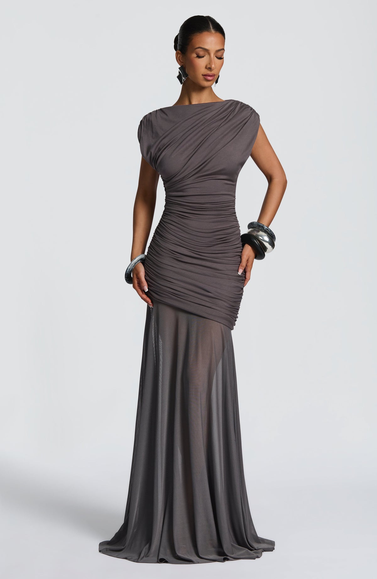 Mesh Ruched Boat Neck Cap Sleeve Sheer Hem Maxi Gown