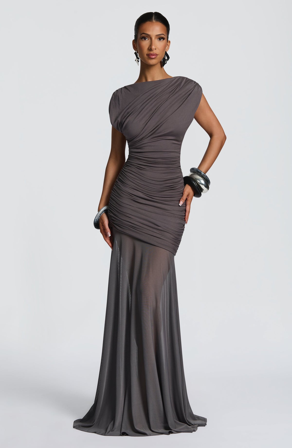 Mesh Ruched Boat Neck Cap Sleeve Sheer Hem Maxi Gown 9