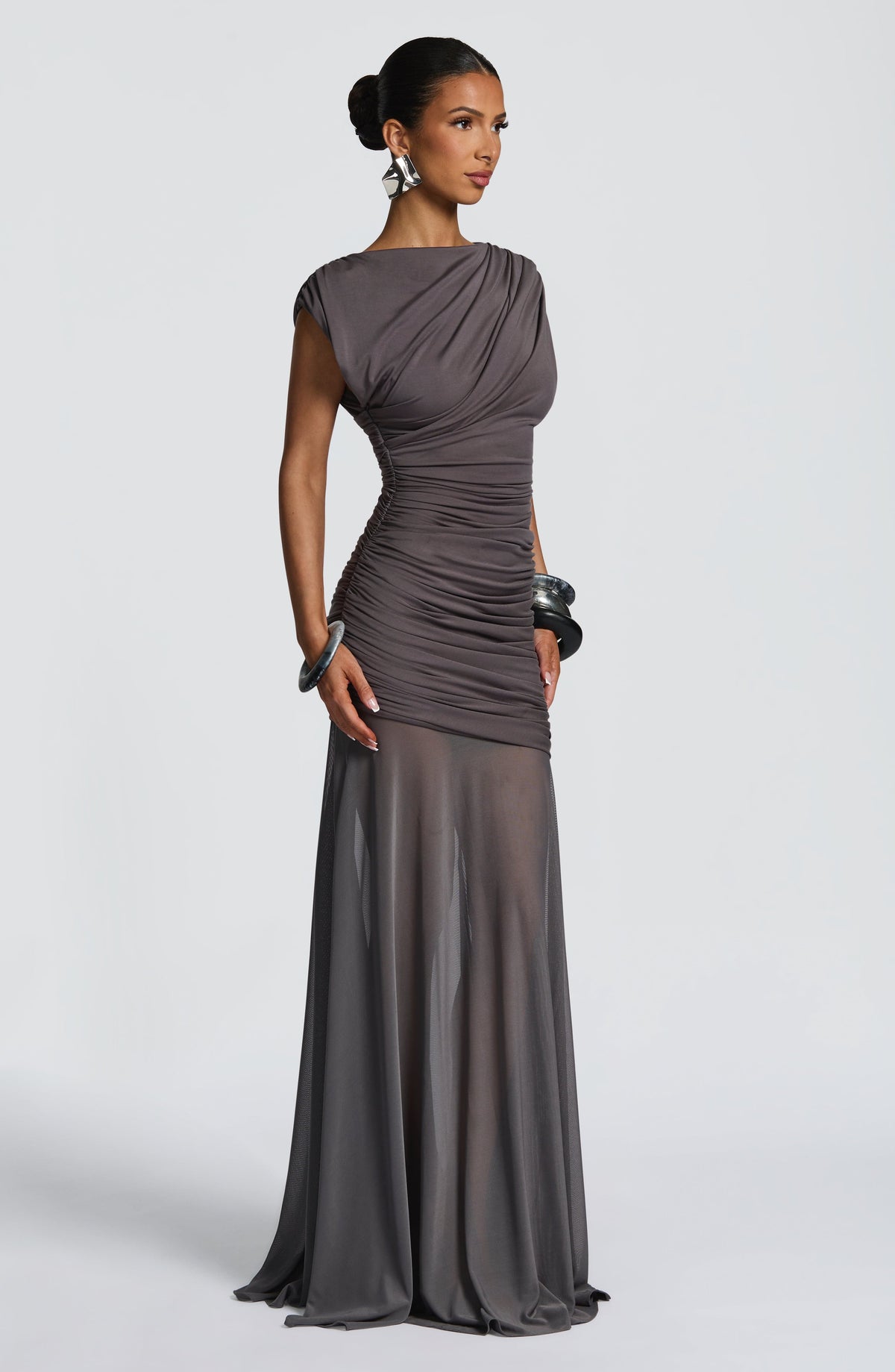 Mesh Ruched Boat Neck Cap Sleeve Sheer Hem Maxi Gown 2