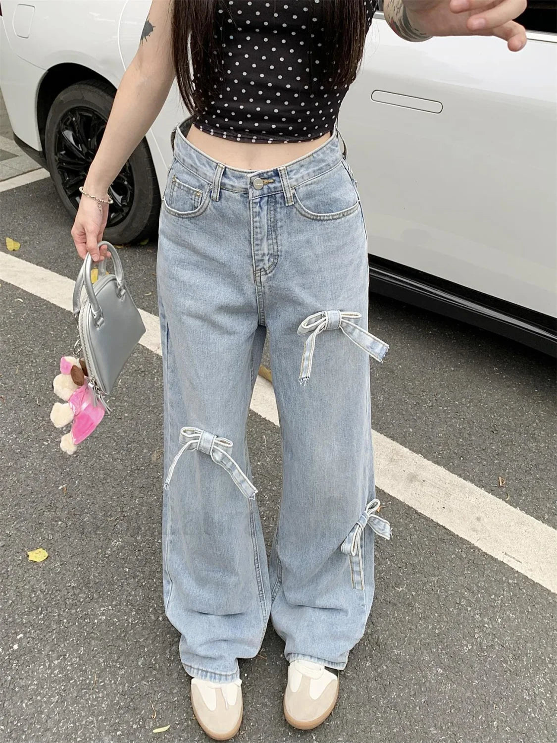 Denim Bow High Trendy Waist Wide Leg Jeans Light Blue / L women clothing