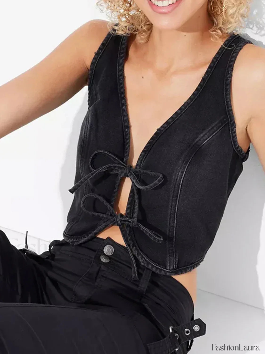 Denim Bow Tie-Up Crop Top