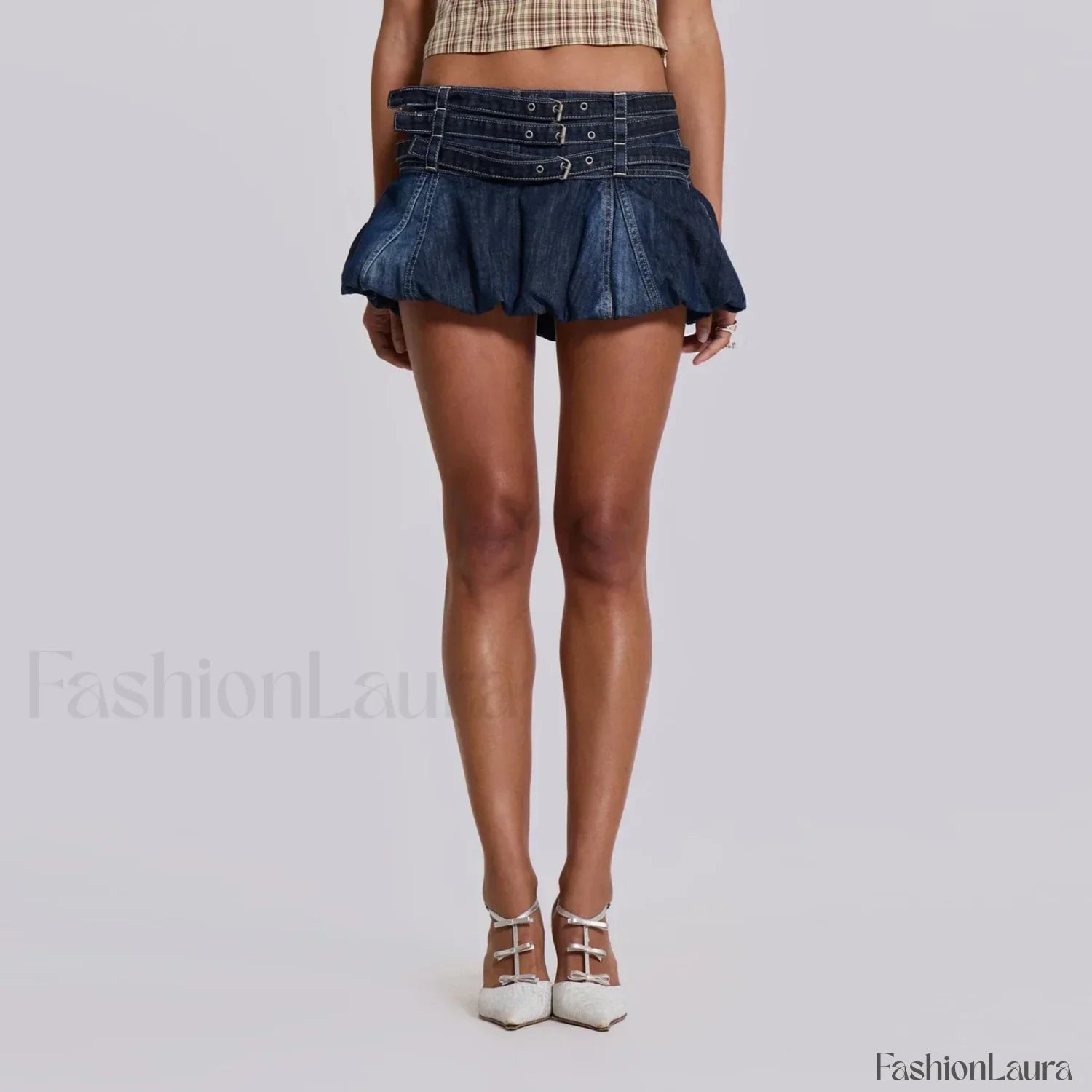 Denim Buckled Bubble Mini Skirt