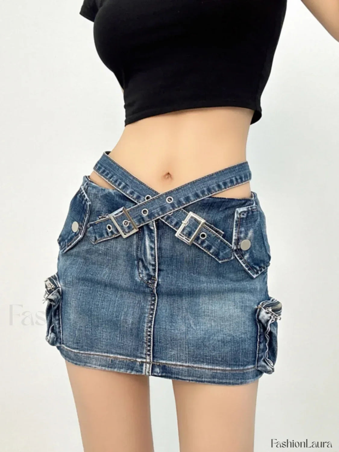 Denim Multi Pocket Wrap Mini Skirt
