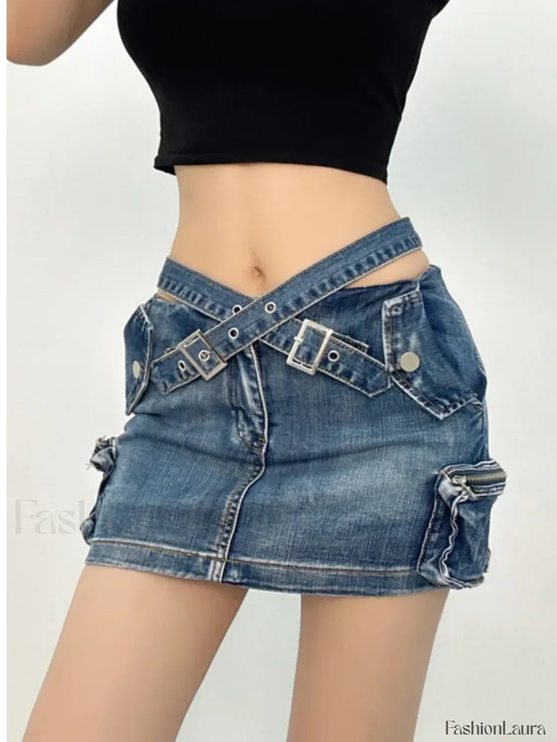 Denim Multi Pocket Wrap Mini Skirt
