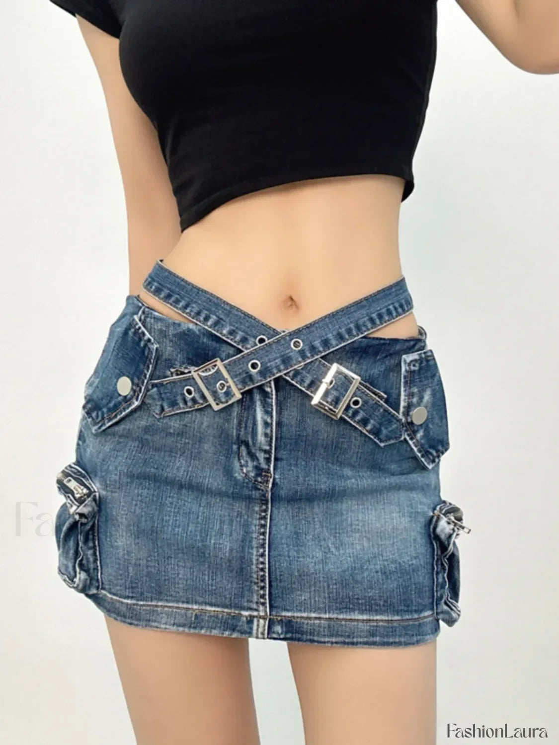 Denim Multi Pocket Wrap Mini Skirt
