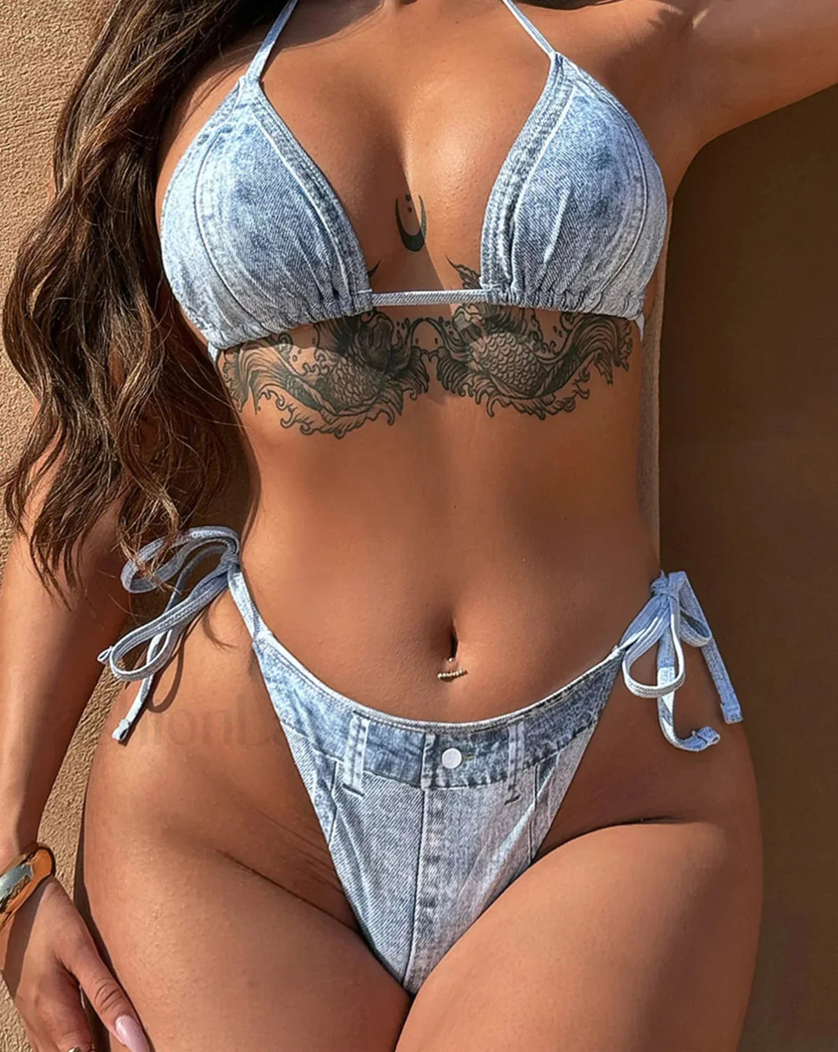 Denim Strappy Halter Bikini Set