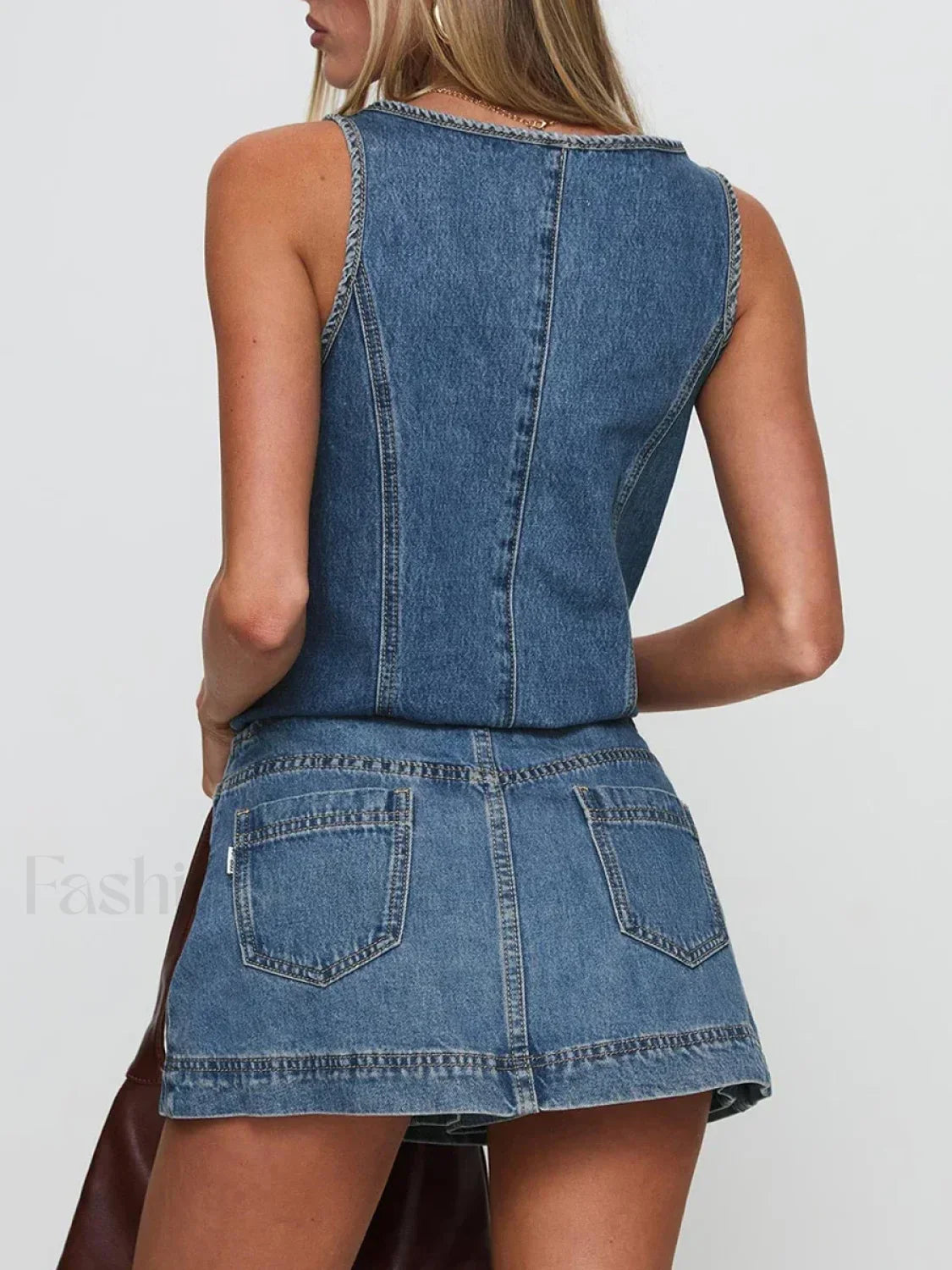 Denim Tie-Up Front Top Mini Skirt Two Piece Set
