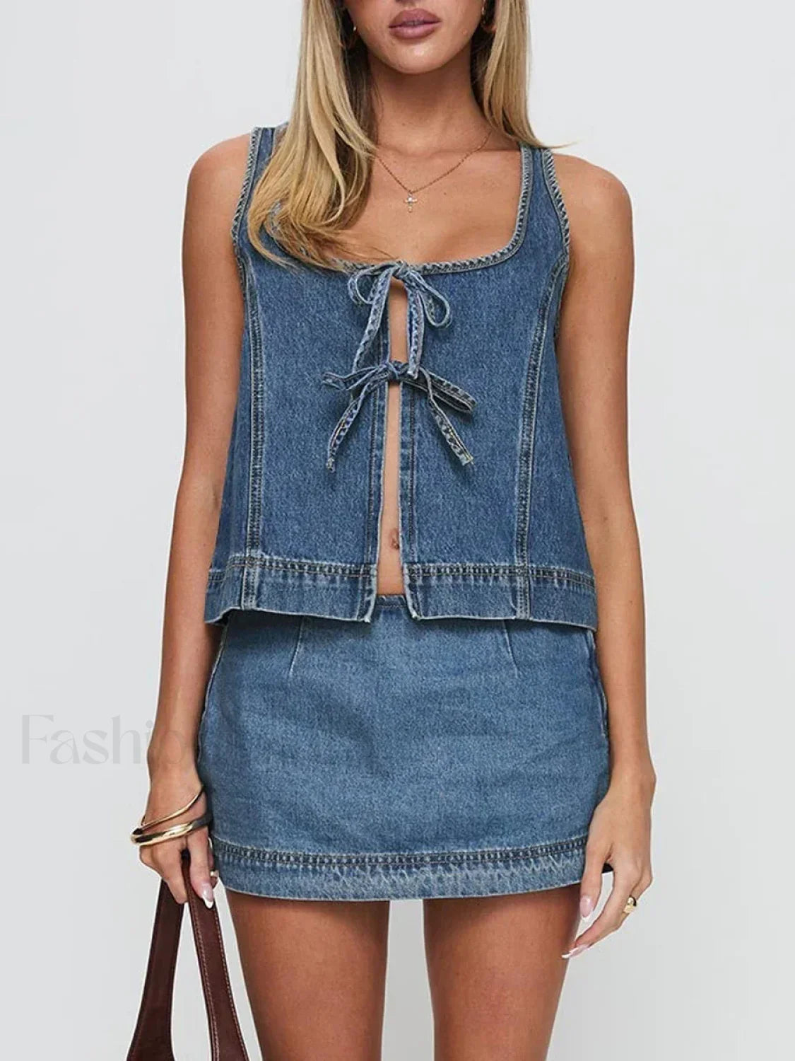 Denim Tie-Up Front Top Mini Skirt Two Piece Set