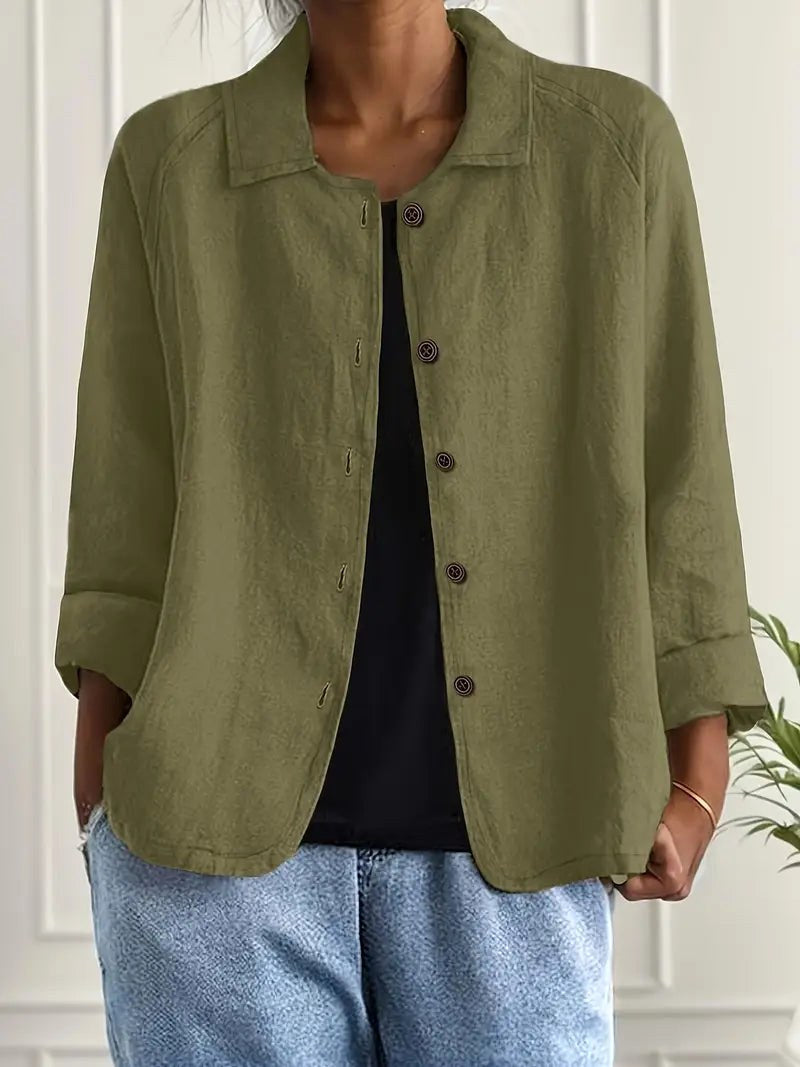 Long Sleeve Button Front Collared Linen Look Shirt