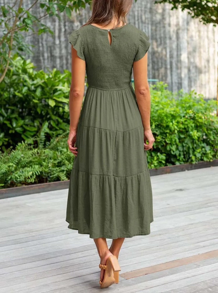 Smocked Flutter Sleeve Tiered Midi Dress 10