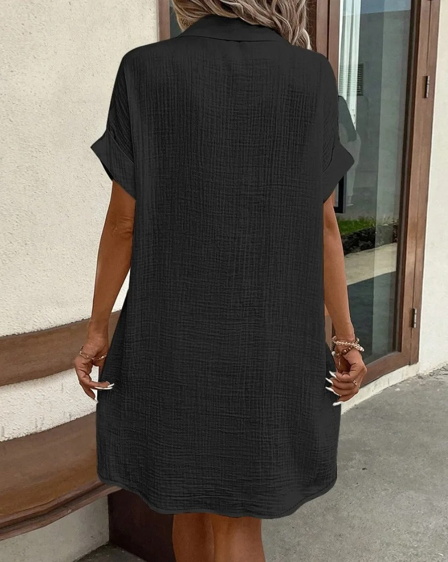 Textured Gauze Button Front Short Sleeve Shirt Dress