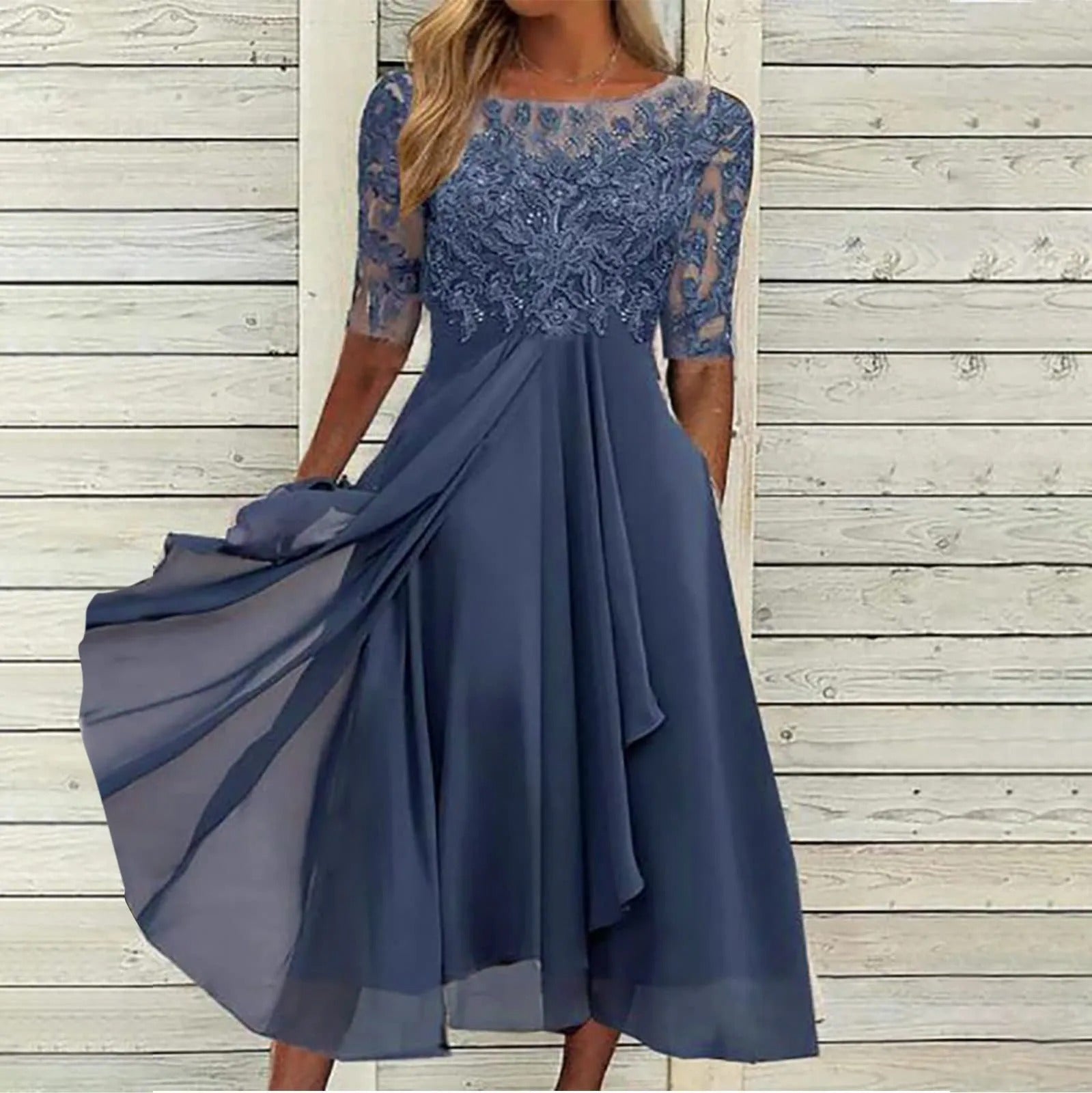 Sylvana - Tea-Length Lace Embroidered Dress Blue