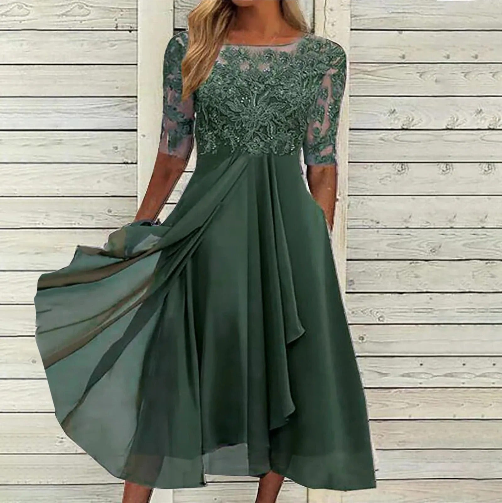 Sylvana - Tea-Length Lace Embroidered Dress Green