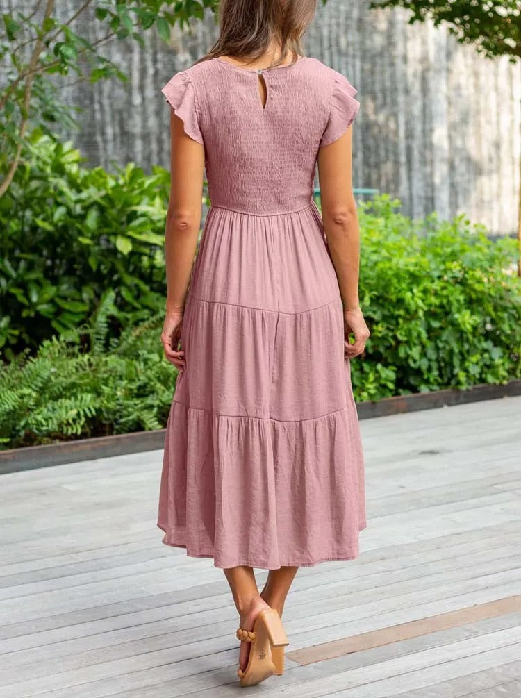 Smocked Flutter Sleeve Tiered Midi Dress 15
