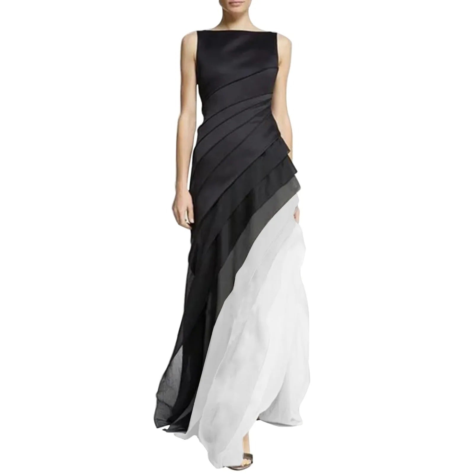 Sleeveless Boat Neck Diagonal Pleated Tiered Ombre Maxi Gown