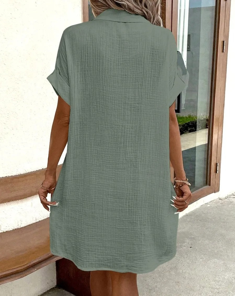 Textured Gauze Button Front Short Sleeve Shirt Dress