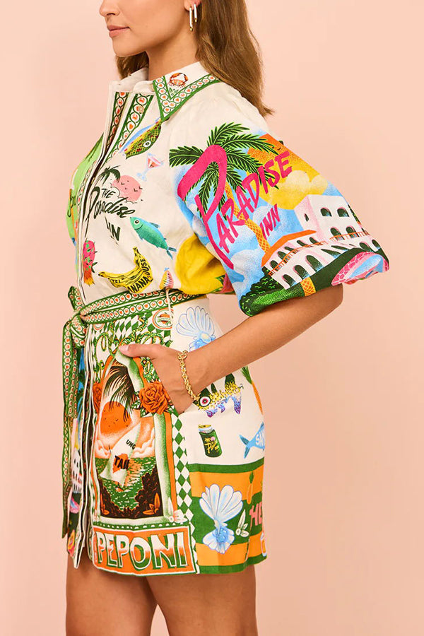 Scenic Print Puff Sleeve Shirt and Belted Mini Skirt Two Piece Set