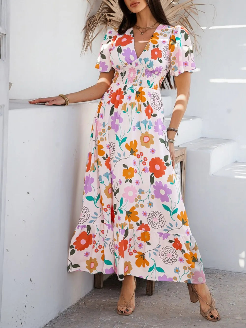 Devine Smocked Printed V-Neck Short Sleeve Maxi Dress Blush Pink