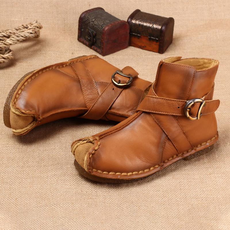 National Style Leather Short Boots For Women Buckle Decoration Green/Black/Brown