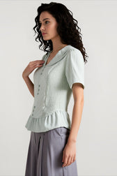 Linen Stripe V Neck Tie Waist Blouse