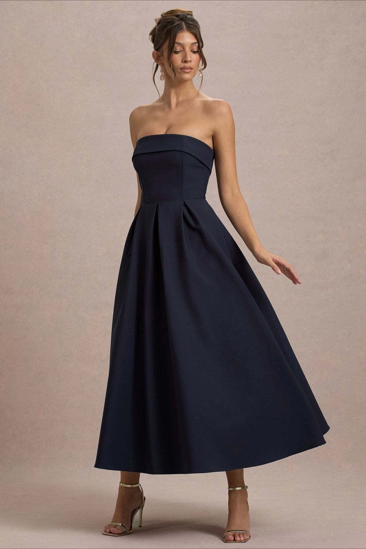 Strapless Fold Over Neck Box Pleat A-Line Midi Cocktail Dress