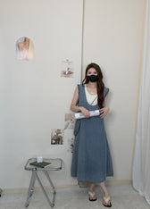 Faux Two Piece Denim Sleeveless Ruffle Trim A-Line Midi Dress 18