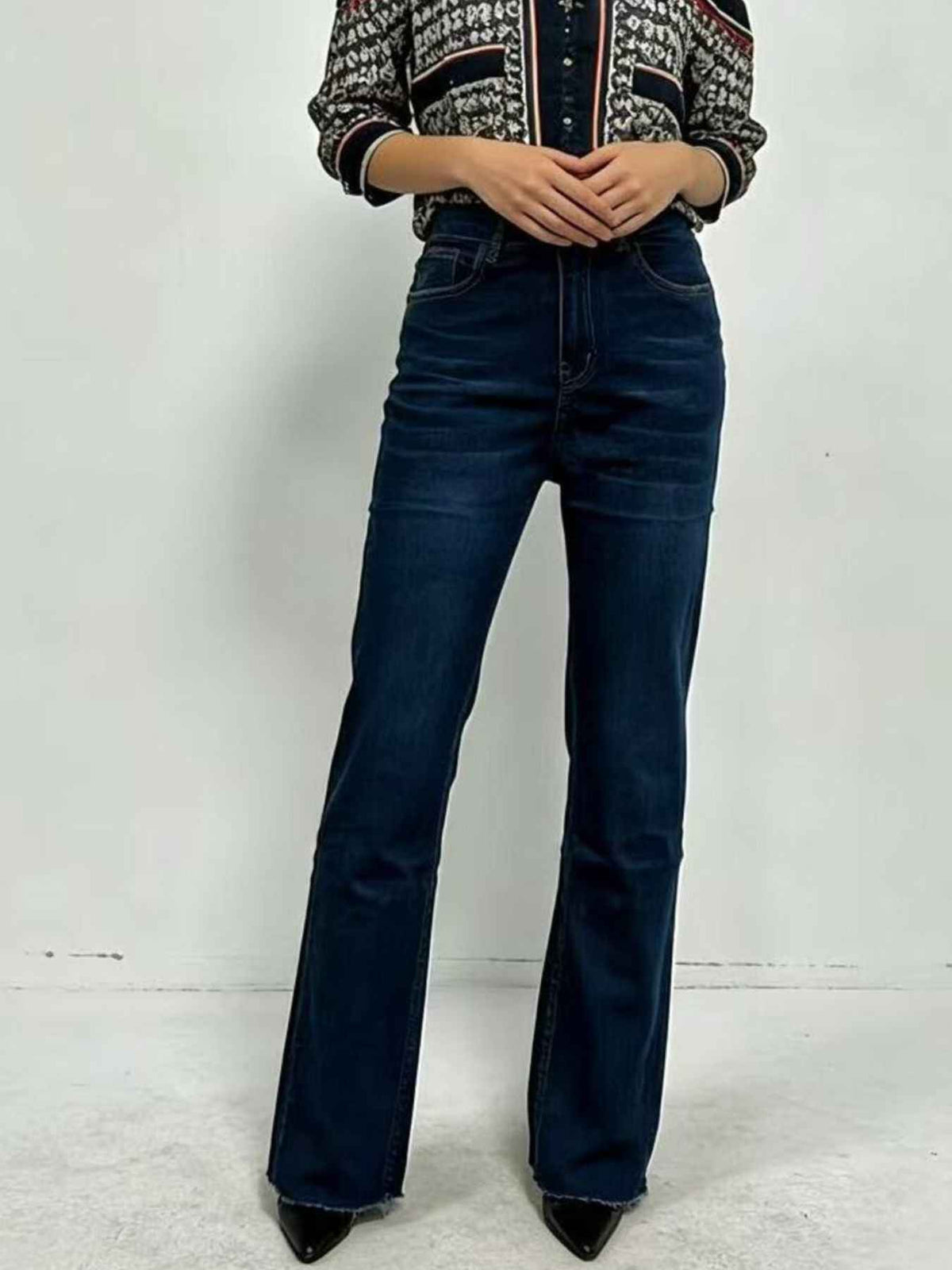 High Waist Raw Hem Full Length Bootcut Flare Jeans 4