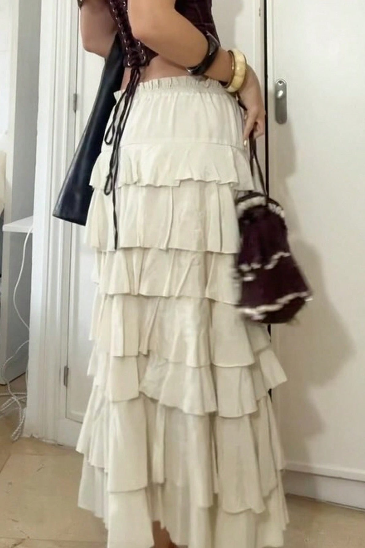 Tiered Layered Ruffle Asymmetric Hem Midi Skirt 3
