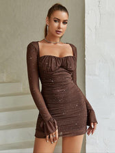 Glitter Mesh Square Neck Long Sleeve Ruched Bustier Mini Dress 3