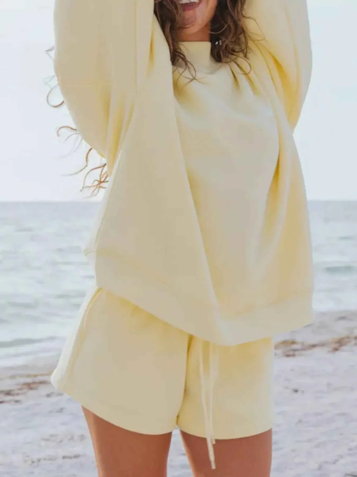 Oversized Crew Neck Sweatshirt and Elastic Waist Shorts Two Piece Set 14
