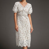 White Lace Overlay V-Neck Rhinestone Detail Midi Dress - View 8