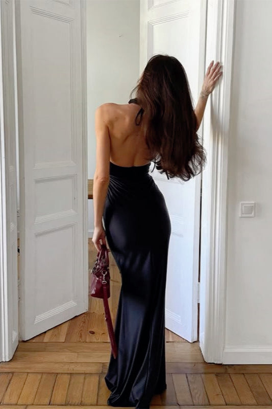 Satin Halter Neck Sleeveless Ruched Bust Mermaid Maxi Dress 7