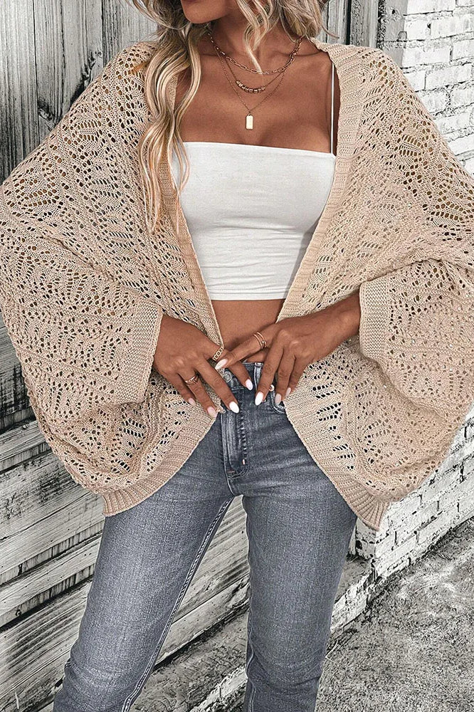 Open Front Batwing Sleeve Pointelle Knit Cropped Cardigan 3