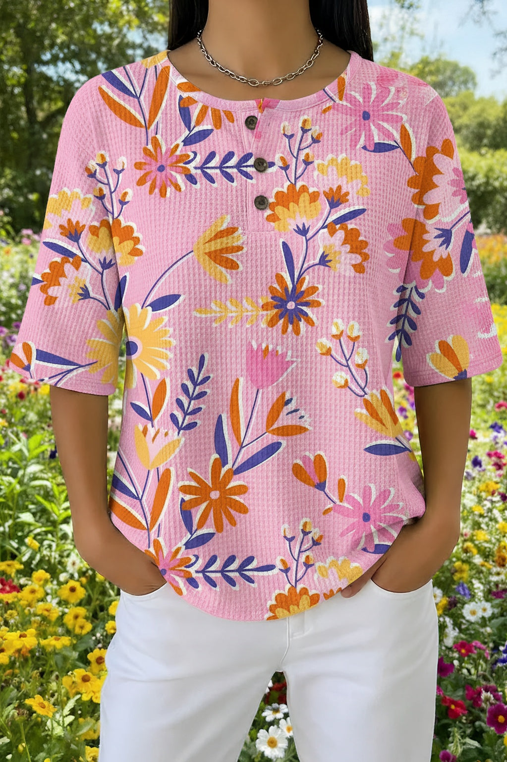 Womens Pink Abstract Floral Print Casual Shirt